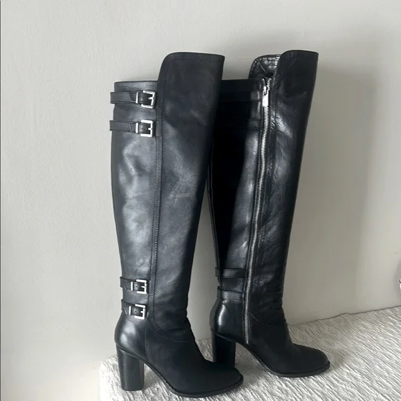 Adrienne Vittadini Black Leather Boots with Buckle Accents - Picture 2 of 15